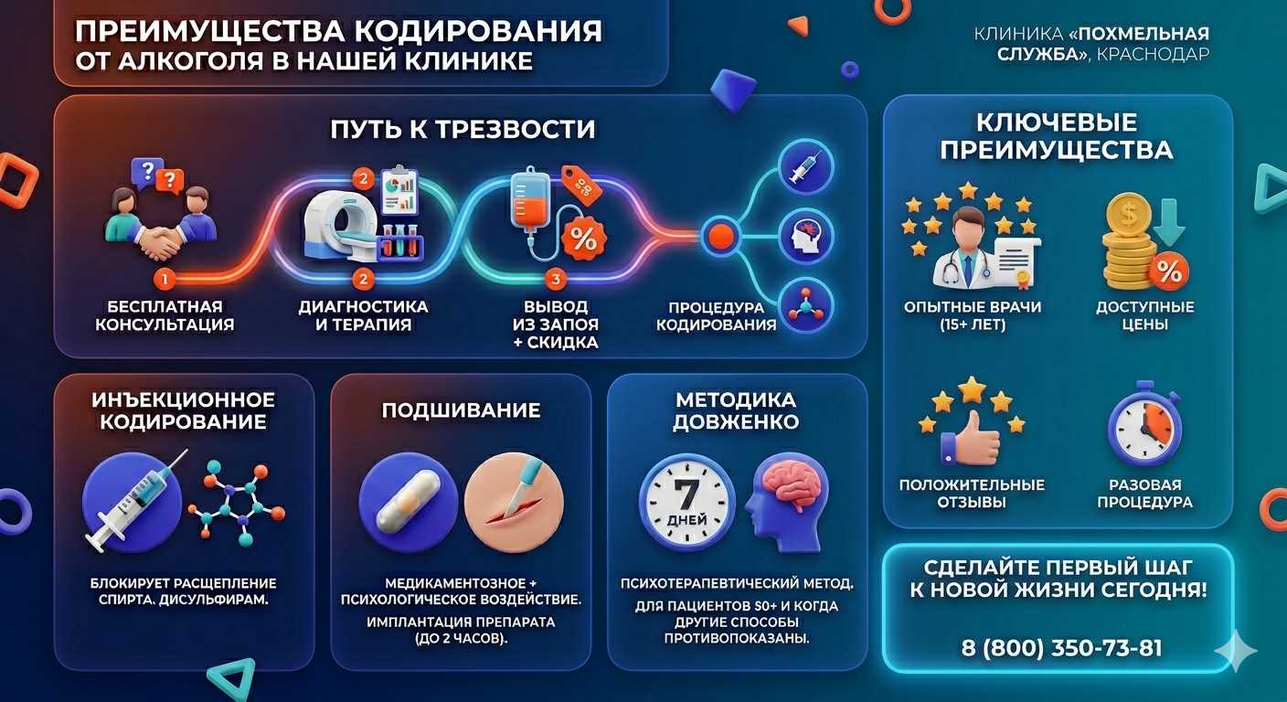 Инфографика о методах кодирования от алкоголя в Александровском: инъекции, подшивание, метод Довженко. Преимущества клиники и этапы лечения.