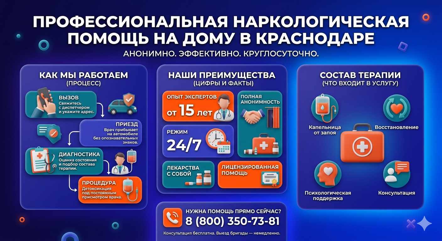 Инфографика о принципах лечения алкоголизма на дому в Александровском: этапы вызова нарколога, преимущества анонимной детоксикации и состав медицинской помощи.